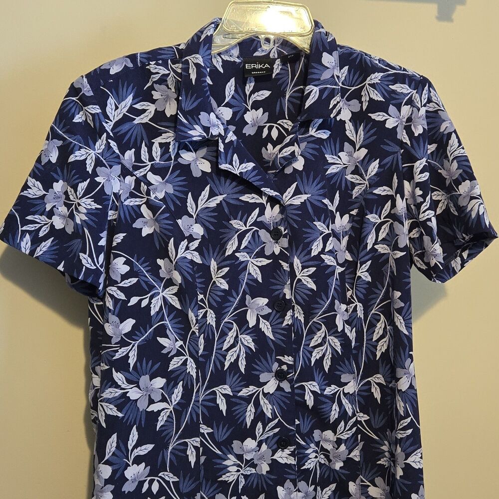 Vtg Erika Dresses Long Dress Hawaiian Floral Print Blue White Button Tie, Med